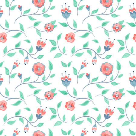Seamless pattern with pink flowers and green leaves. Vector color illustration on the white background.のイラスト素材