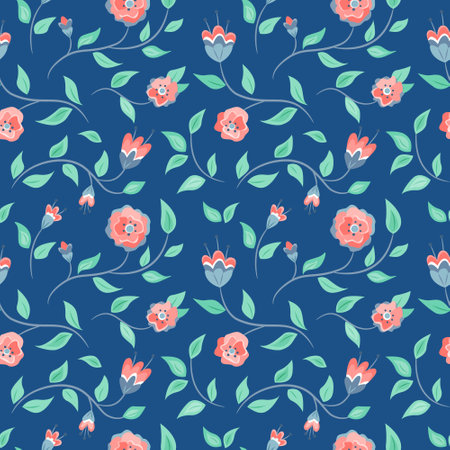 Seamless pattern with pink flowers and green leaves. Vector color illustration on the dark blue background.のイラスト素材