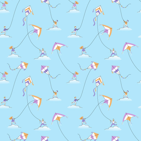 Seamless pattern with children flying kites on the clouds. Vector color illustration in flat line art style on the blue background.のイラスト素材