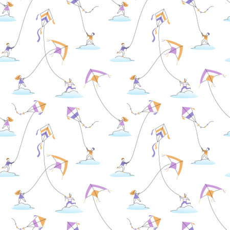 Seamless pattern with children flying kites on the clouds. Vector color illustration in flat line art style on the white background.のイラスト素材