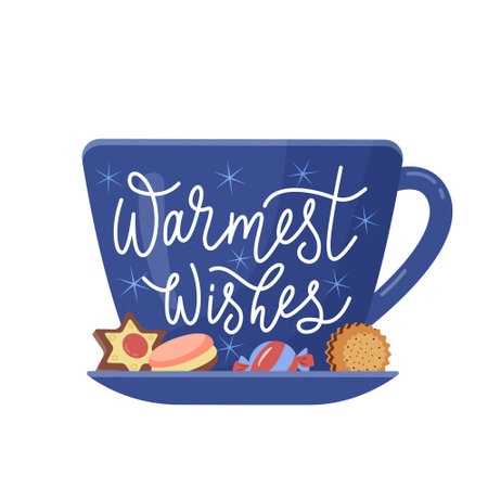 A cup with cookies and lettering. Vector isolated color illustration for winter holidays greetings.のイラスト素材