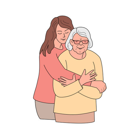 A young woman hugs an elderly woman. Vector color isolated illustration in filled outline style.のイラスト素材