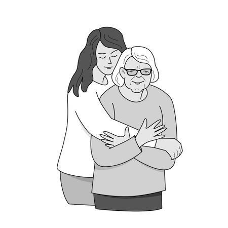 A young woman hugs an elderly woman. Vector grayscale isolated illustration in outline style.のイラスト素材
