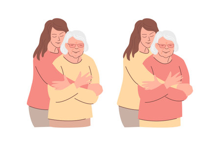 A young woman hugs an elderly woman. Vector color isolated illustration.のイラスト素材
