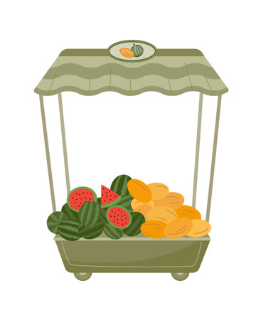 Mobile counter with melon and watermelon on the wheels. Vector color isolated illustration.のイラスト素材