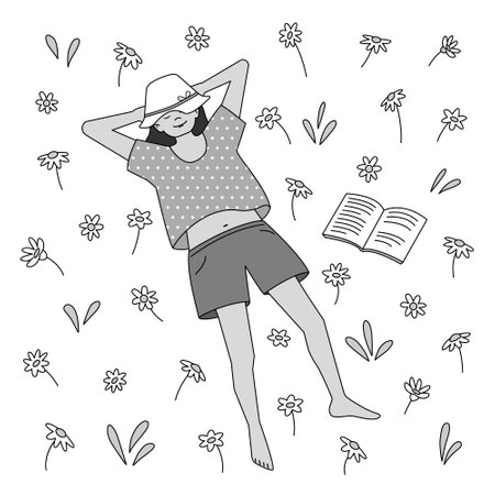 Girl is sleeping in a meadow with daisies. Vector grayscale illustration in filled outline style.のイラスト素材