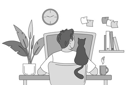 Man works at a computer at his workplace. Grayscale isolated vector back view illustration in filled outline style on the white background.のイラスト素材