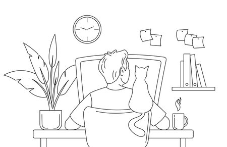 Man works at a computer at his workplace. Isolated vector back view illustration in outline style on the white background.のイラスト素材