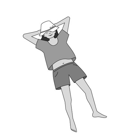 Sleeping girl in summer clothes. Vector isolated grayscale illustration in filled outline style.のイラスト素材