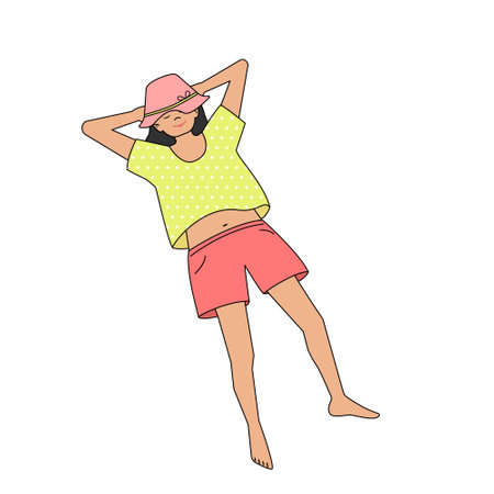 Sleeping girl in summer clothes. Vector isolated color illustration in filled outline style.のイラスト素材