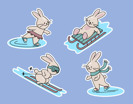 Set of stickers with cute bunnies skating, skiing and sledding. Vector color illustration in outline style.のイラスト素材