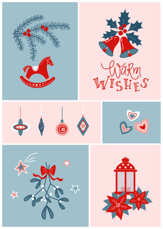Greeting card with winter holiday wishes. Vector color illustration on grid background.のイラスト素材
