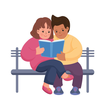 Girl and boy read the book seating on the bench. Vector isolated illustration in flat styleのイラスト素材
