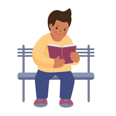 Boy reads the book seating on the bench. Vector isolated illustration in flat styleのイラスト素材