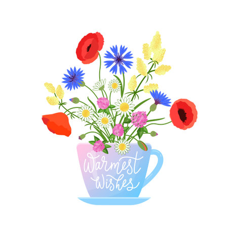 Bouquet of meadow flowers in the cup with lettering. Vector color isolated illustration. Can be used as greeting card.のイラスト素材