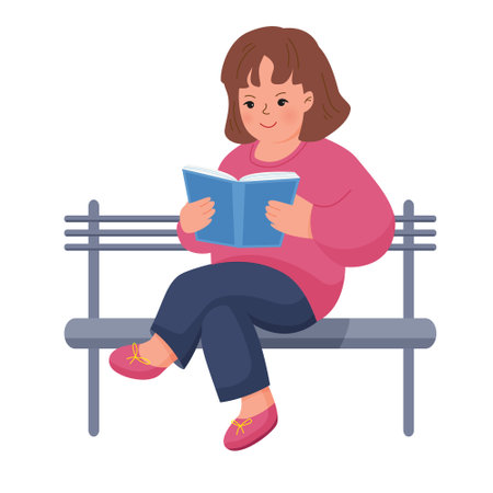 Girl reads the book seating on the bench. Vector isolated illustration in flat styleのイラスト素材