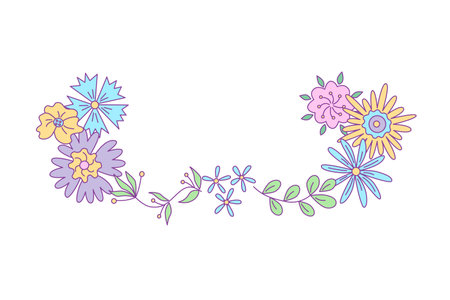 Border of floral design. Vector isolated color illustration in doodle style.のイラスト素材