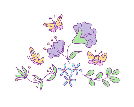 Floral design with butterflies. Vector isolated color illustration in doodle style.のイラスト素材