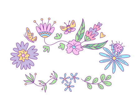 Frame of floral design with butterflies. Vector isolated color illustration in doodle style.のイラスト素材