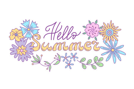 Hello Summer lettering decorated by floral design. Vector isolated color illustration in doodle style.のイラスト素材