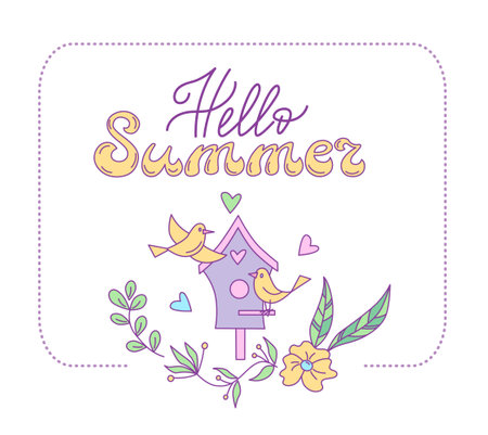 Summer floral lettering design with birdhouse and birds. Vector isolated color illustration in doodle style.のイラスト素材