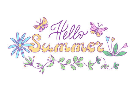 Hello Summer lettering decorated by floral design with butterflies. Vector isolated color illustration in doodle style.のイラスト素材