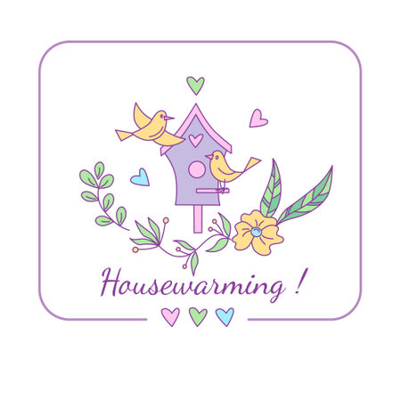 Greeting card with floral design and birds. Vector isolated color illustration in doodle style.のイラスト素材