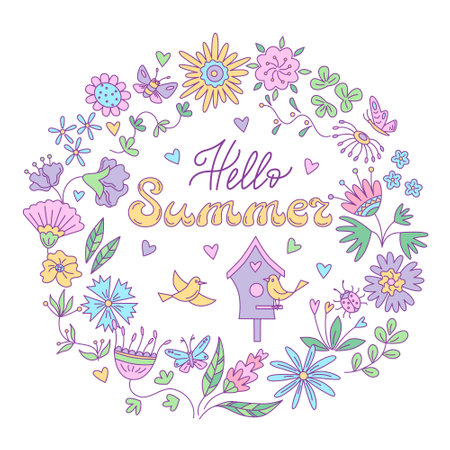 Summer greeting card with floral design and birds in the round frame. Vector isolated color illustration in doodle style.のイラスト素材