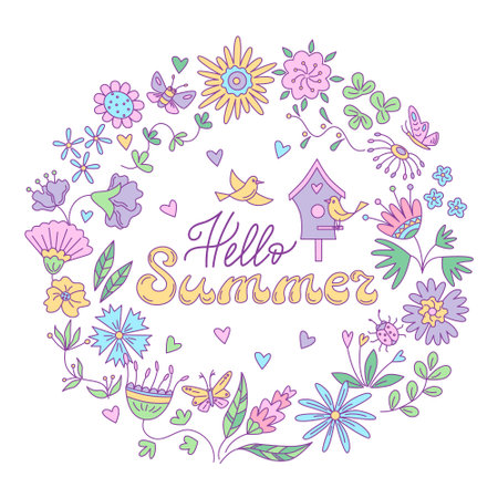 Summer greeting card with floral design and birds in the round frame. Vector isolated color illustration in doodle style.のイラスト素材