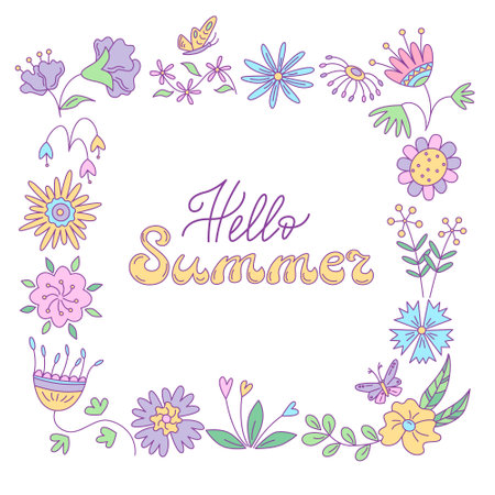 Summer greeting card with floral design and butterflies in the square frame. Vector isolated color illustration in doodle style.のイラスト素材