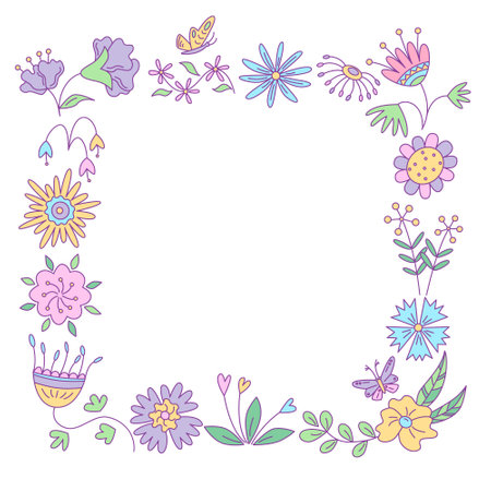 Square frame with floral design and butterflies. Vector isolated color illustration in doodle style.のイラスト素材