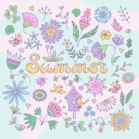 Summer floral card with butterflies and birds. Vector color illustration in doodle style.のイラスト素材
