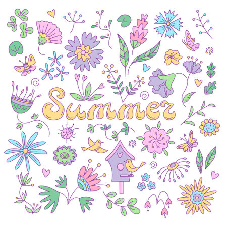 Summer floral card with butterflies and birds. Vector isolated color illustration in doodle style.のイラスト素材