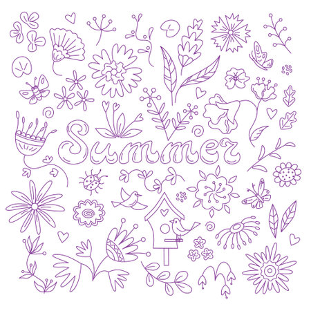 Summer floral coloring card with butterflies and birds. Vector isolated illustration in doodle style.のイラスト素材