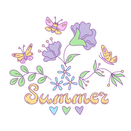 Summer floral lettering design with butterflies. Vector isolated color illustration in doodle style.のイラスト素材