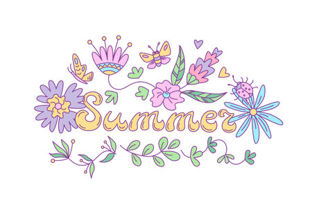 Summer floral lettering design with butterflies. Vector isolated color illustration in doodle style.のイラスト素材