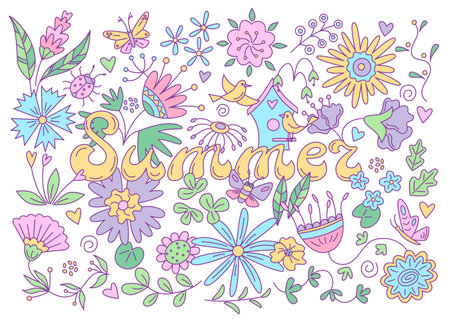 Summer floral card with butterflies and birds. Vector isolated color illustration in doodle style.のイラスト素材