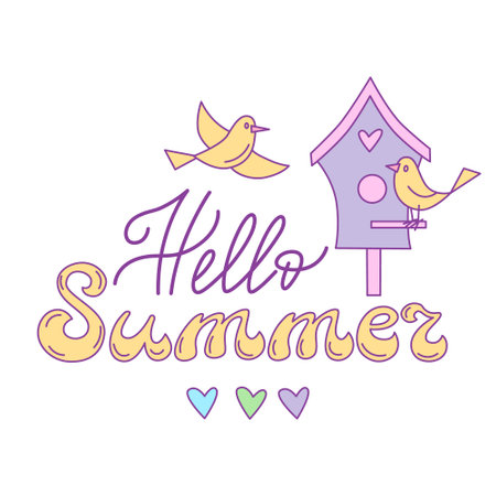 Summer lettering design with birdhouse and birds. Vector isolated color illustration in doodle style.のイラスト素材