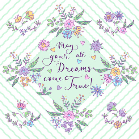 Greeting card with floral design and lettering. Vector color illustration in doodle style.のイラスト素材