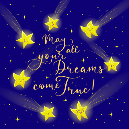 Greating card with cute stars in kawaii style and wishes. vector color illustration.のイラスト素材