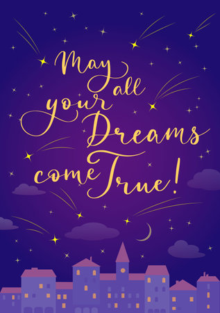 Greating card with starfall over the night city and wishes. vector color illustration.のイラスト素材