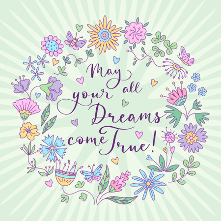 Greeting card with floral design and lettering in the round frame. Vector color illustration in doodle style.のイラスト素材