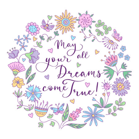 Greeting card with floral design and lettering in the round frame. Vector isolated color illustration in doodle style.のイラスト素材