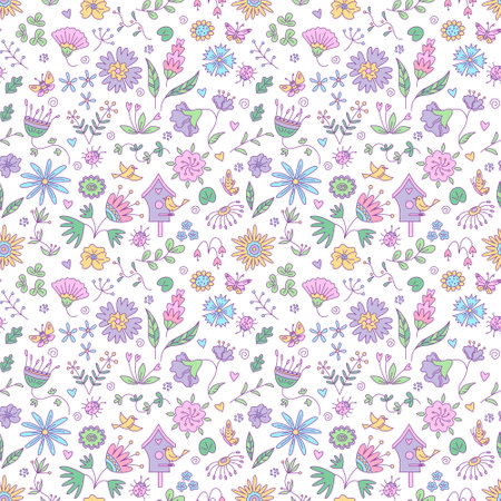 Floral seamless pattern with butterflies and birds. Vector color illustration on the white background in doodle style.のイラスト素材