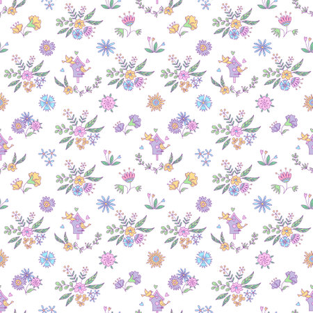 Floral seamless pattern with birds and flowers. Vector color illustration on the white background in doodle style.のイラスト素材