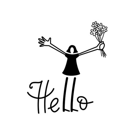 Girl holding the flowers. Hello lettering composition. Vector isolated illustrationのイラスト素材