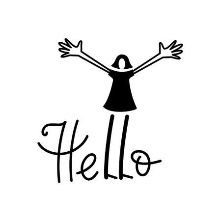 The girl spreads her arms wide in greeting. Hello lettering composition. Vector isolated illustrationのイラスト素材