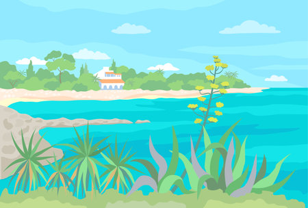 summer seascape. Blooming agave and yuca grow in the foreground. There is a beach and a cottage on the seashore in the background. vector color illustrationのイラスト素材