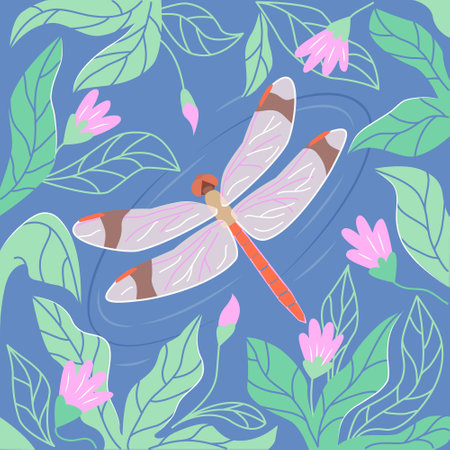 Dragonfly in the square frame with floral design. vector color illustrationのイラスト素材