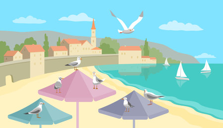 Sea view with yachts, houses and beach umbrella with seagulls. Landscape summer color illustration.のイラスト素材